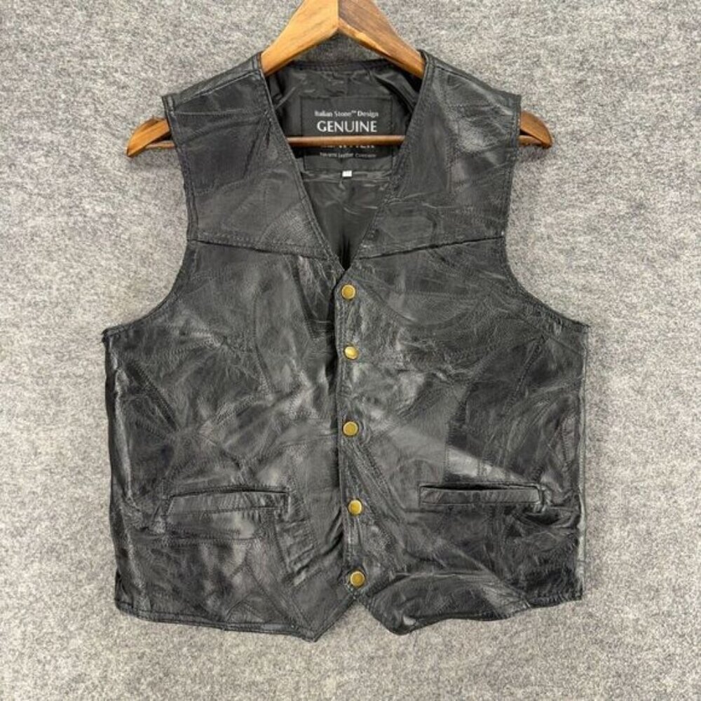 Unbranded Biker Vest Men M Medium Black V-Neck Button Up Sleeveless Leather